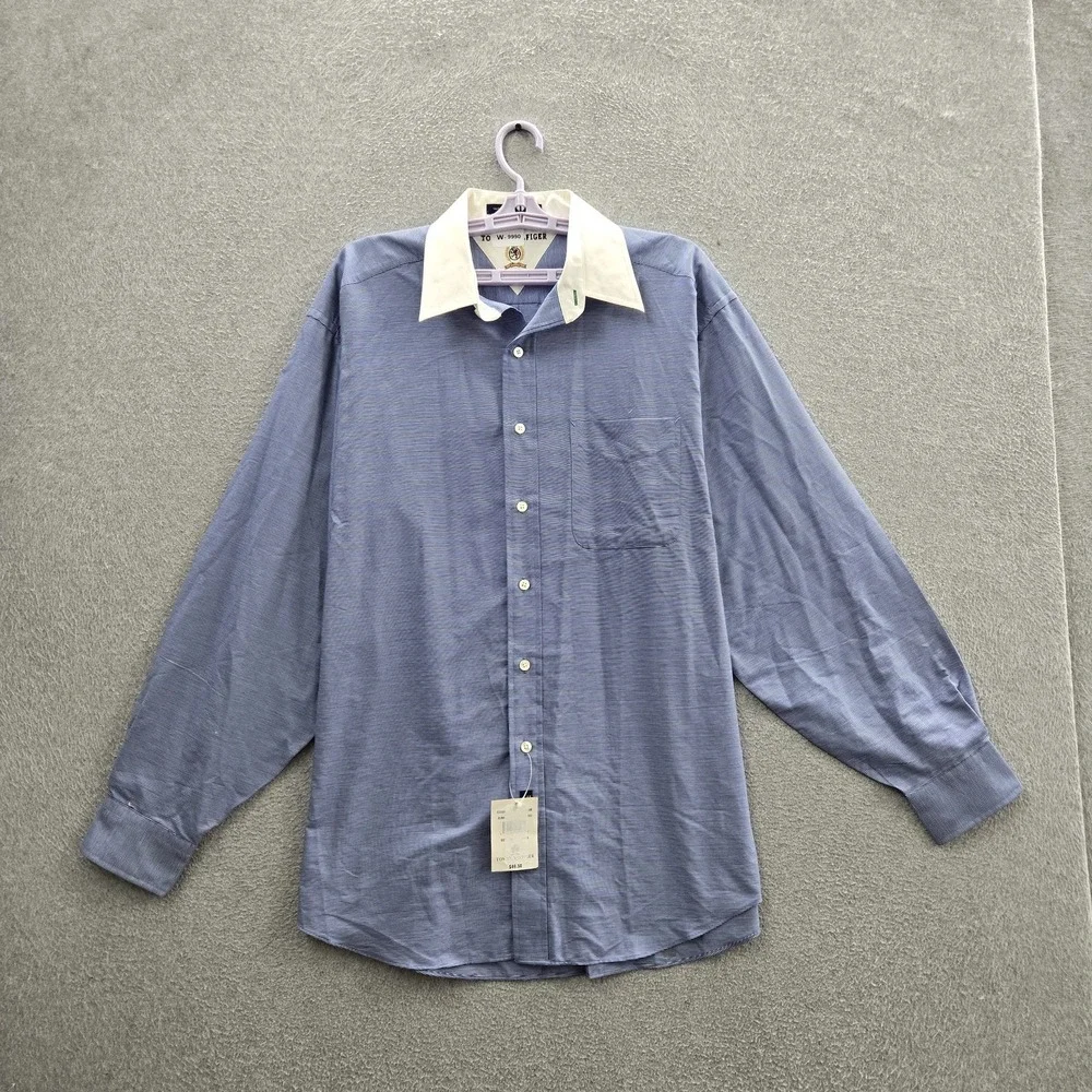 VINTAGE Tommy Hilfiger Men Button Up Shirt 16X34 Blue Embroidered Striped Crest